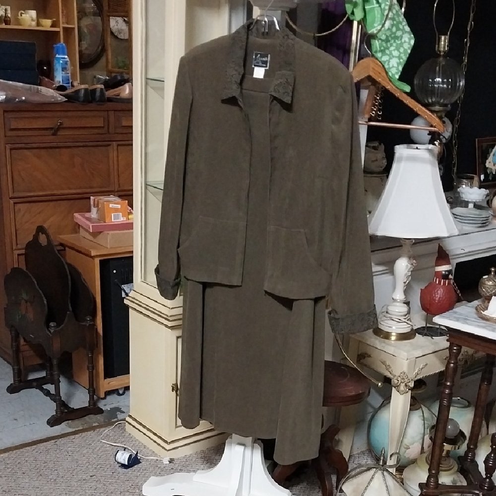 Nina Leonard Olive Green Jacket and Skirt Set